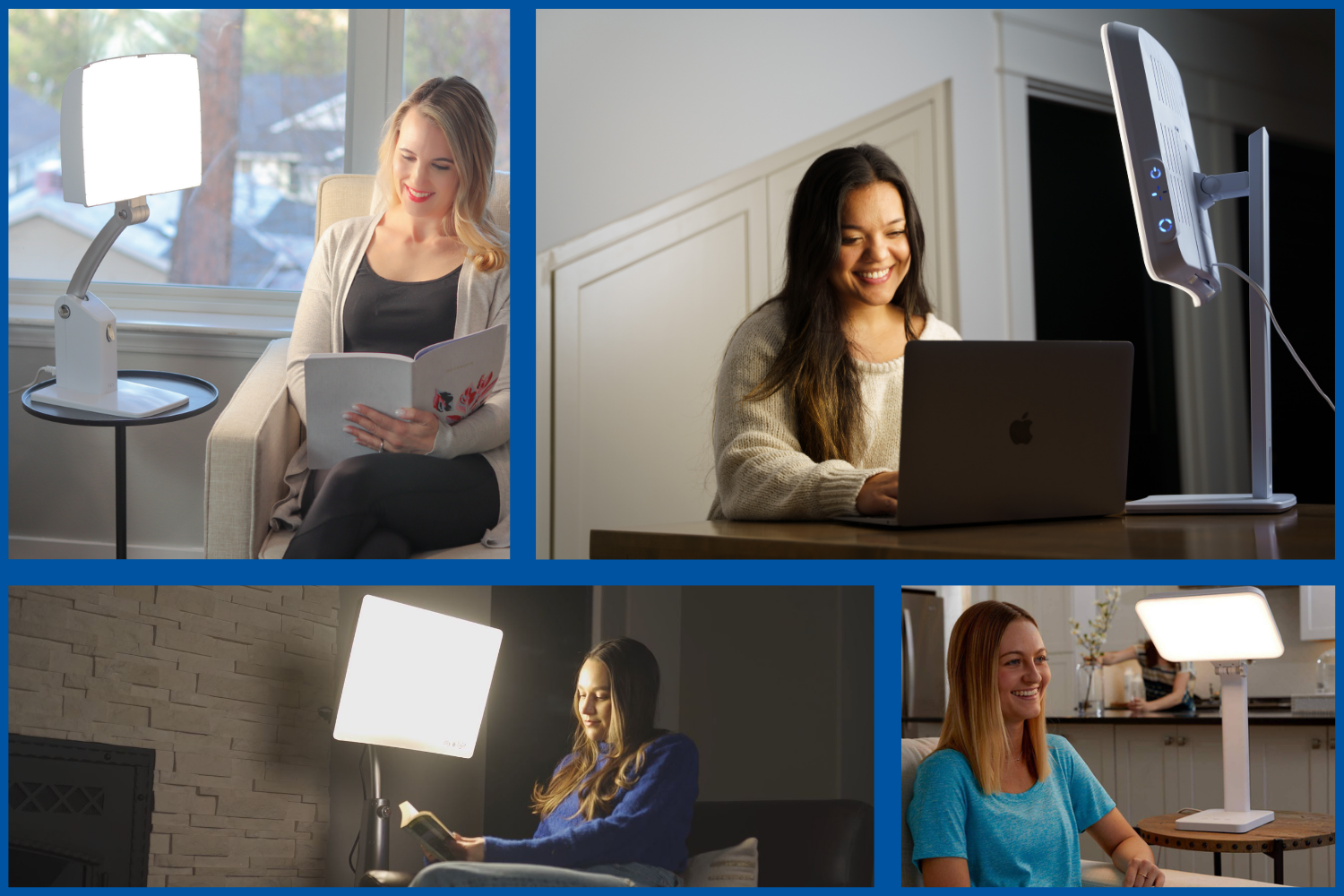 A collage showing various people sitting in front of a light therapy lamp for anxiety