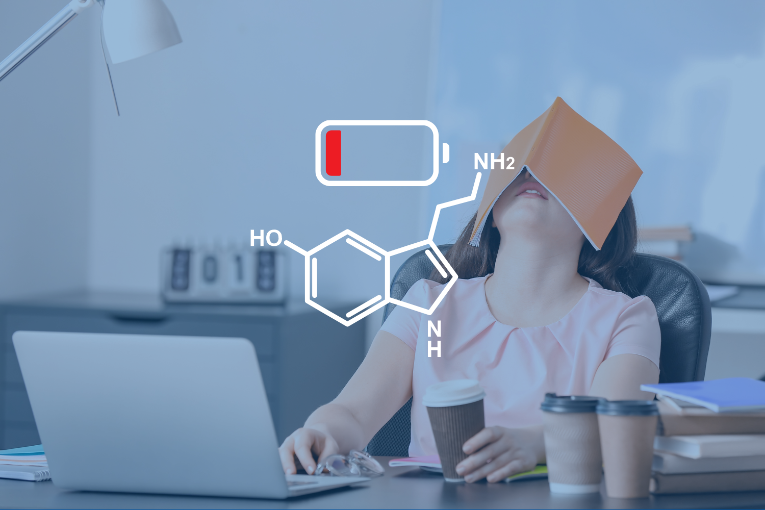 An image illustrating low energy or serotonin deficiency, featuring a tired woman, a battery icon showing a low charge, and the chemical formula for serotonin.