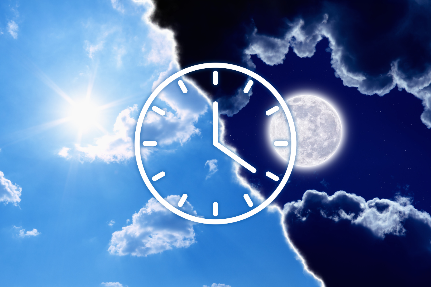 An image of daytime sky and night sky with a clock graphic
