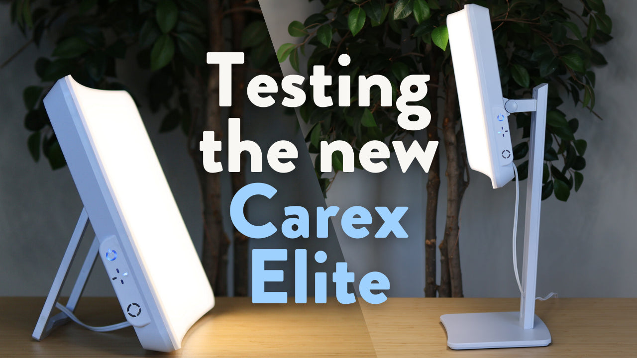 An image of a white light therapy lamp with text, "Testing the New Carex Elite"
