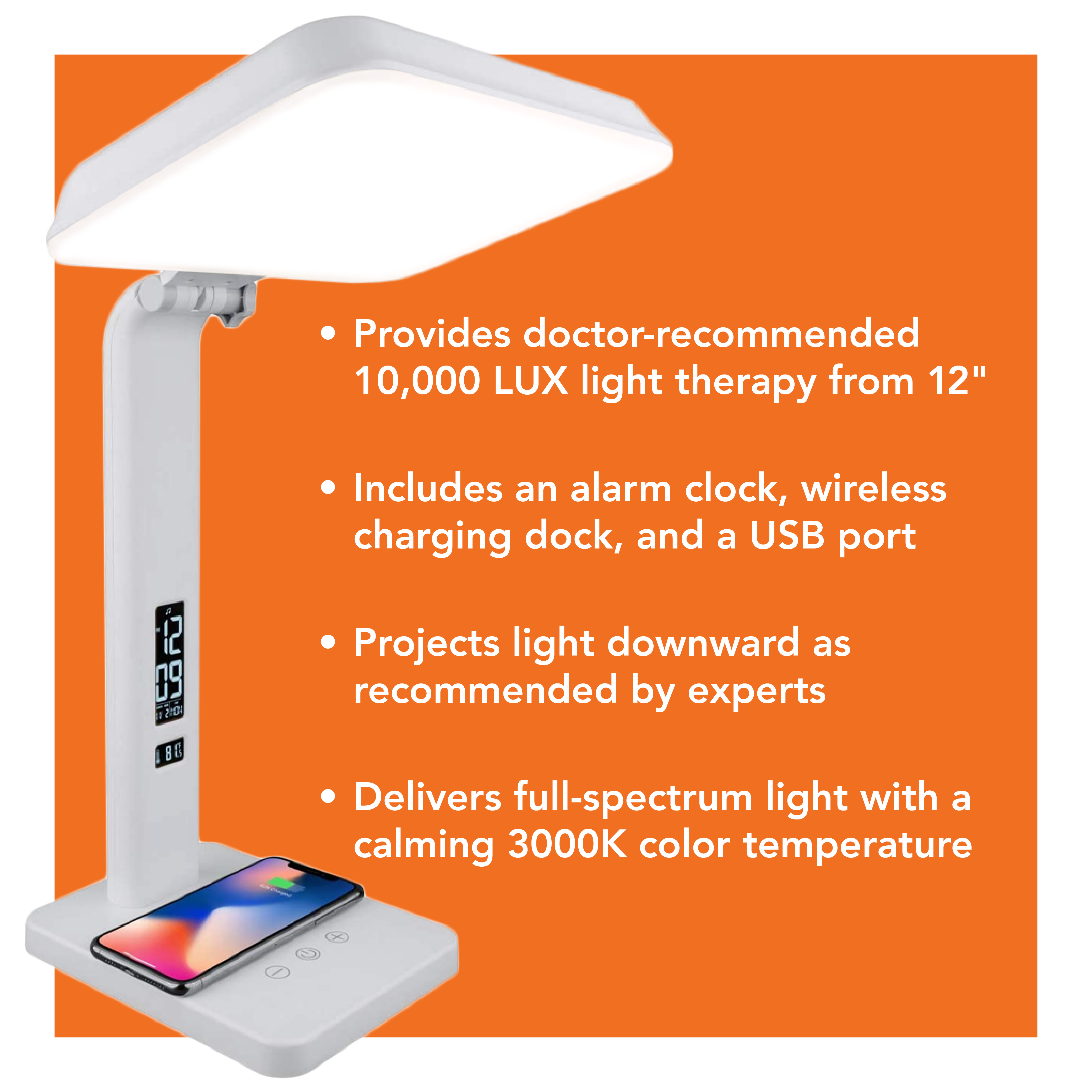 Lampe de luminothérapie TheraLite Aura Qi avec réveil et chargeur de téléphone