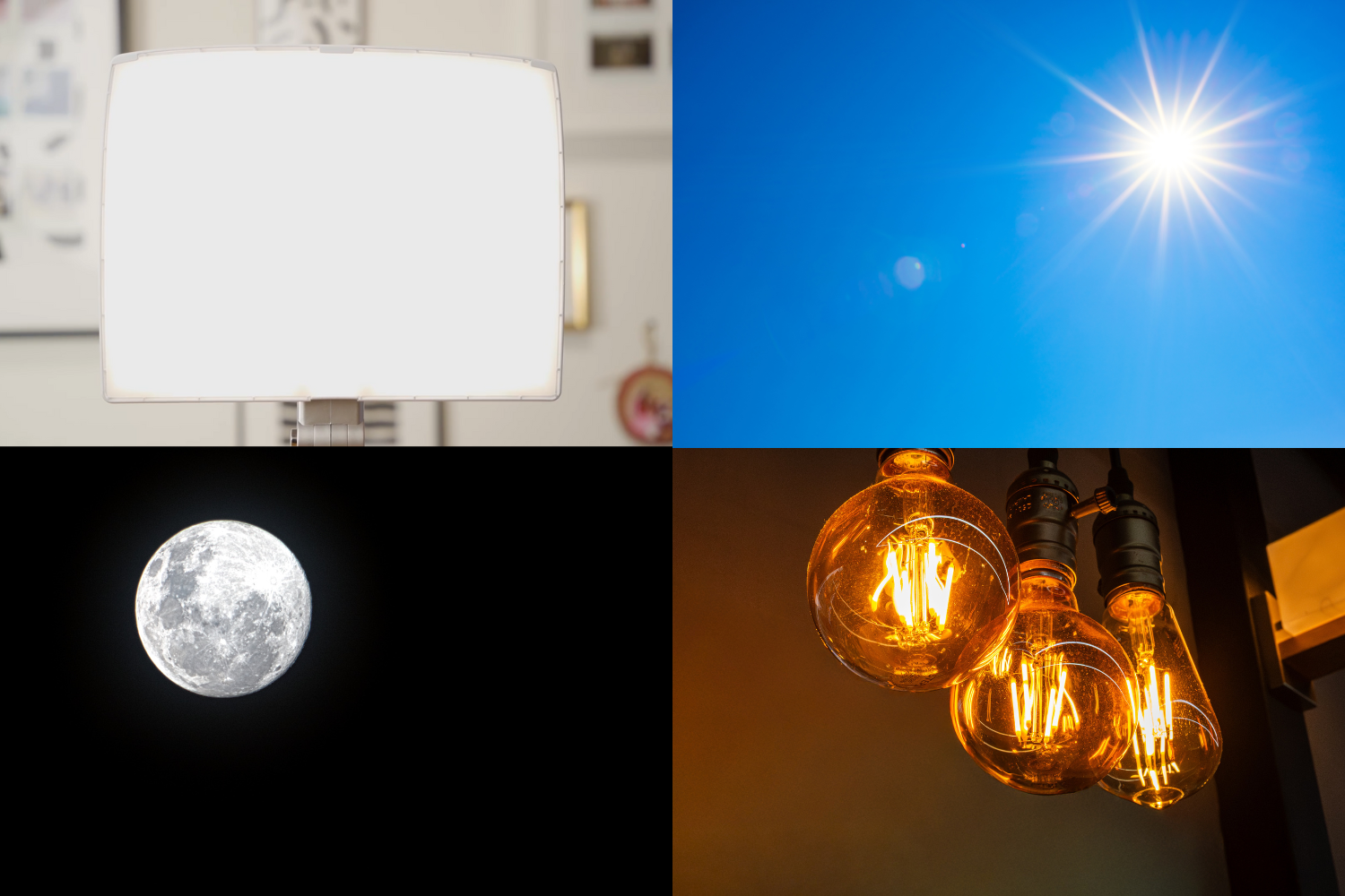 A collage showing a light therapy lamp, sun, moon, and indoor lighting that produce various LUX levels