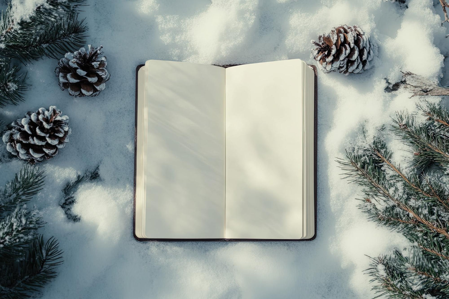 A notebook in snow representing winter blues quotes