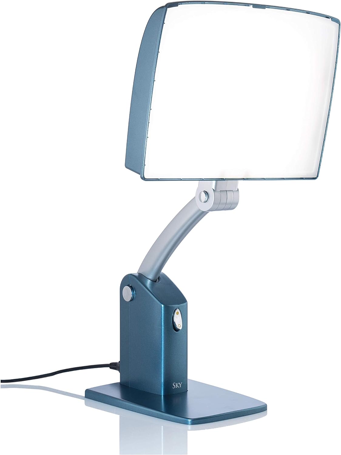 A blue light therapy lamp on a white background