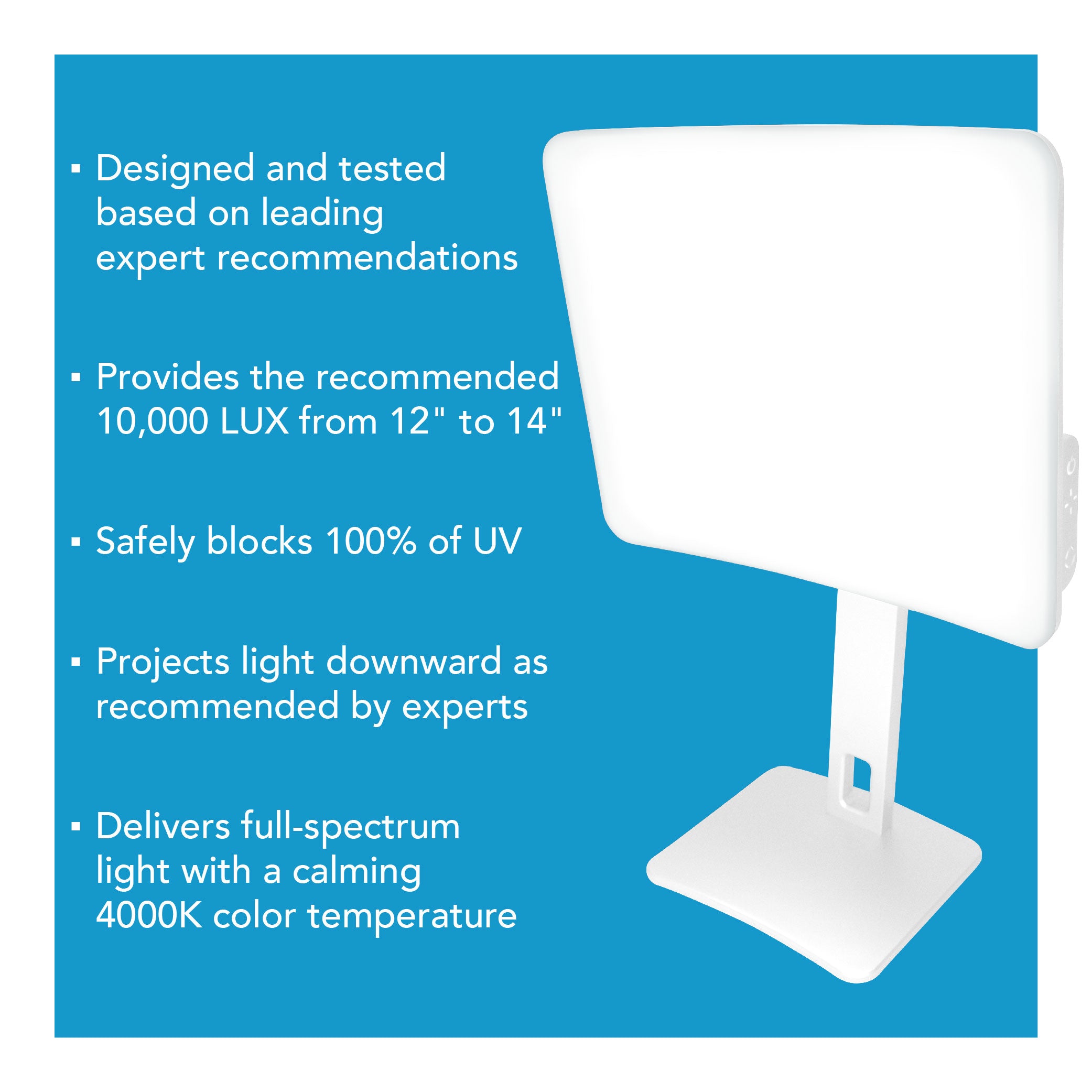 A white light therapy lamp over a blue background next to descriptive text