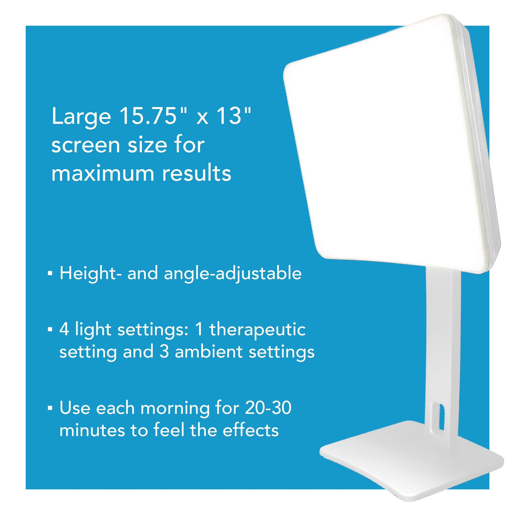 A white light therapy lamp over a blue background