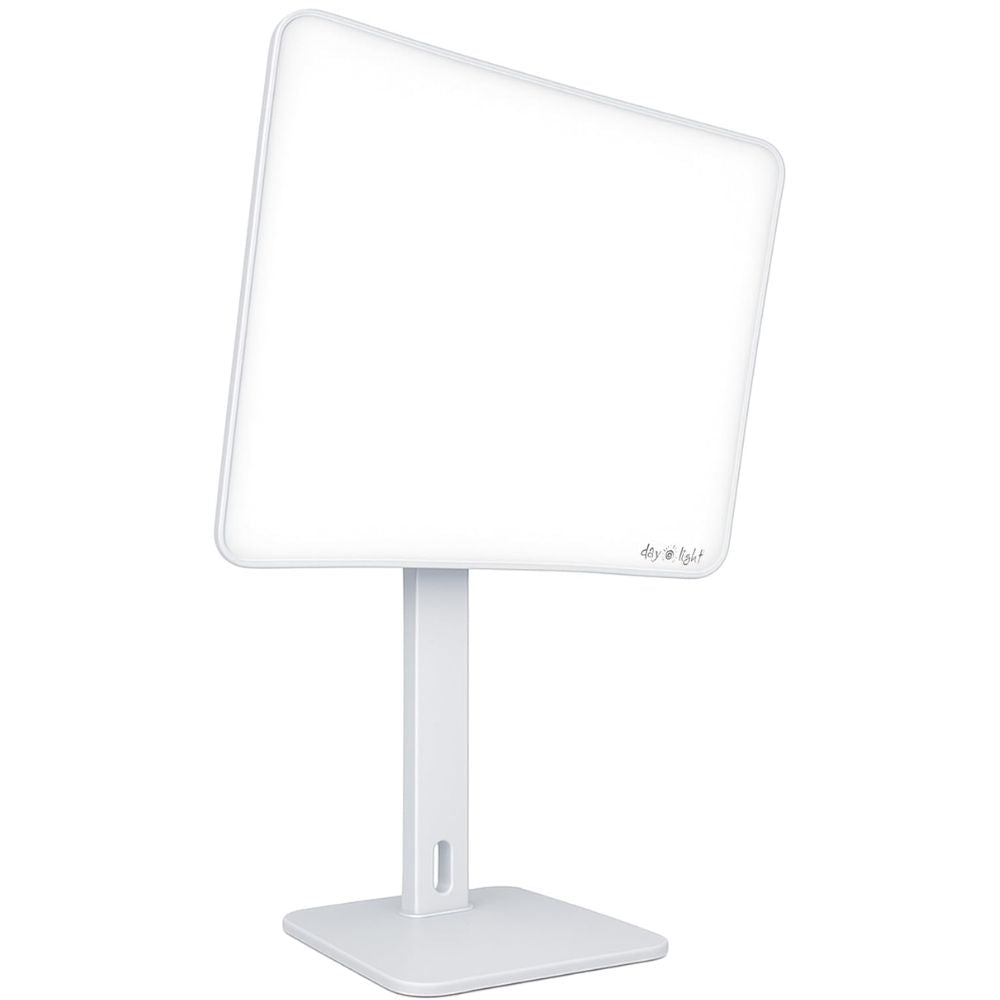 A white therapy lamp with a white base