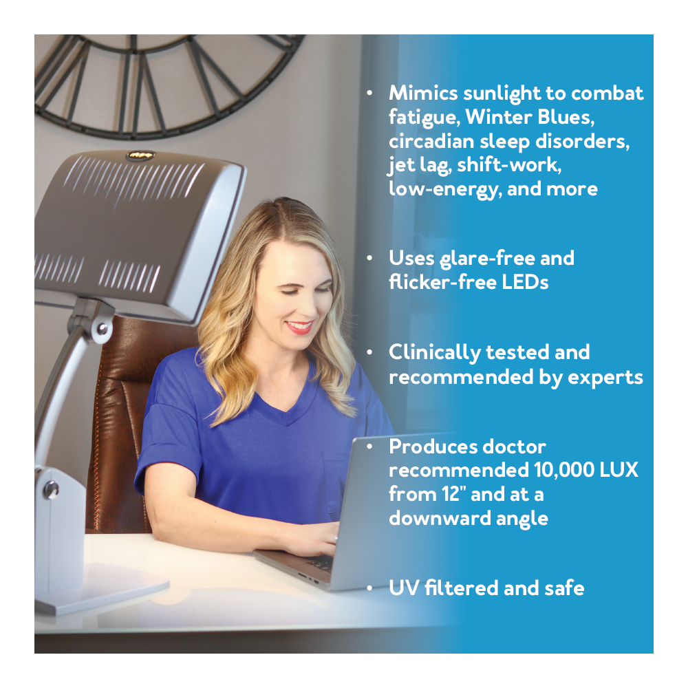 A woman on a laptop in front of a therapy lamp. Bulleted details.