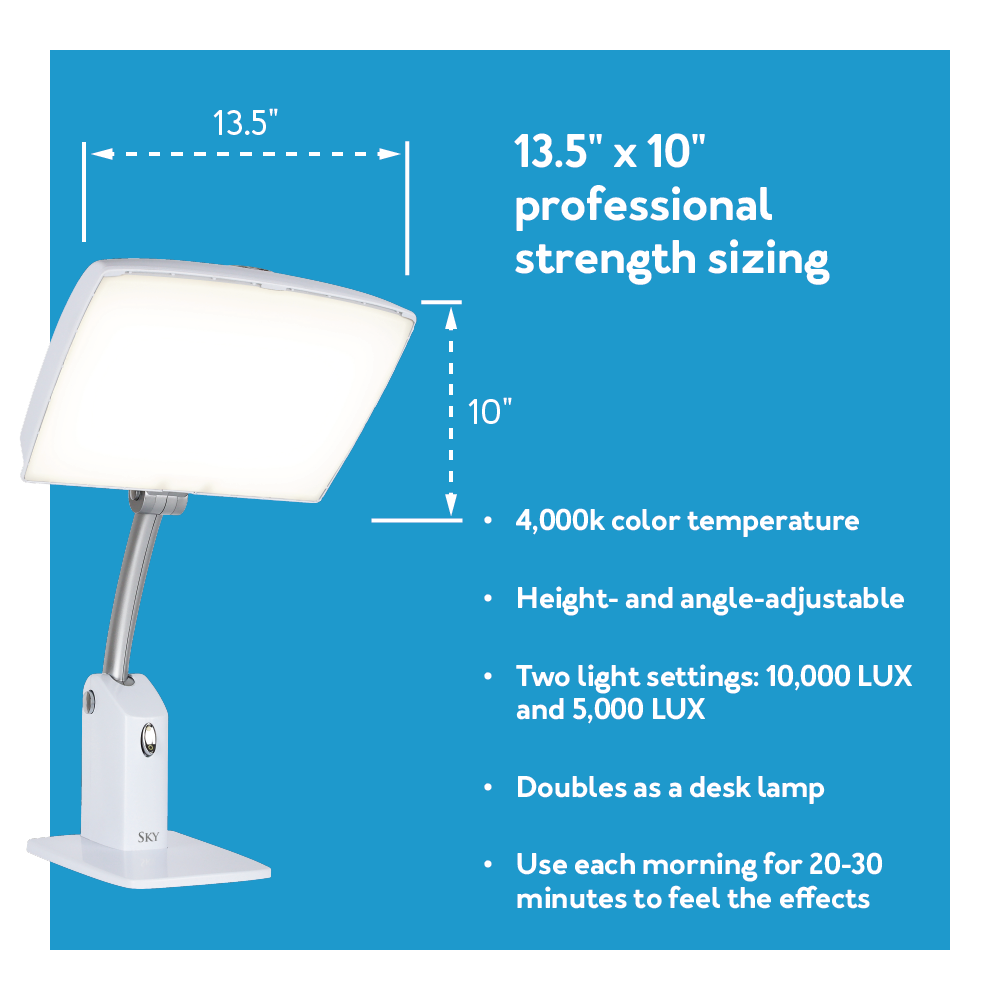 A white therapy lamp with its size outlined.