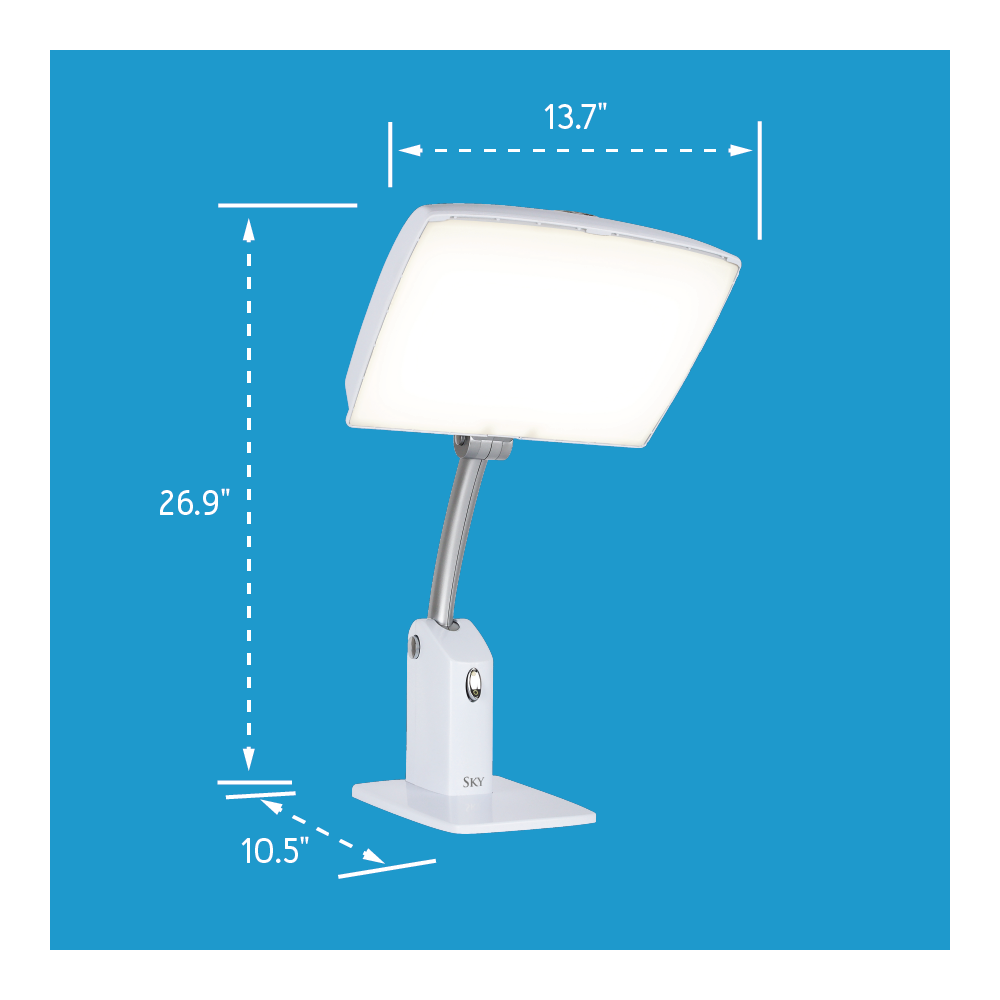 A white therapy lamp with its size outlined.