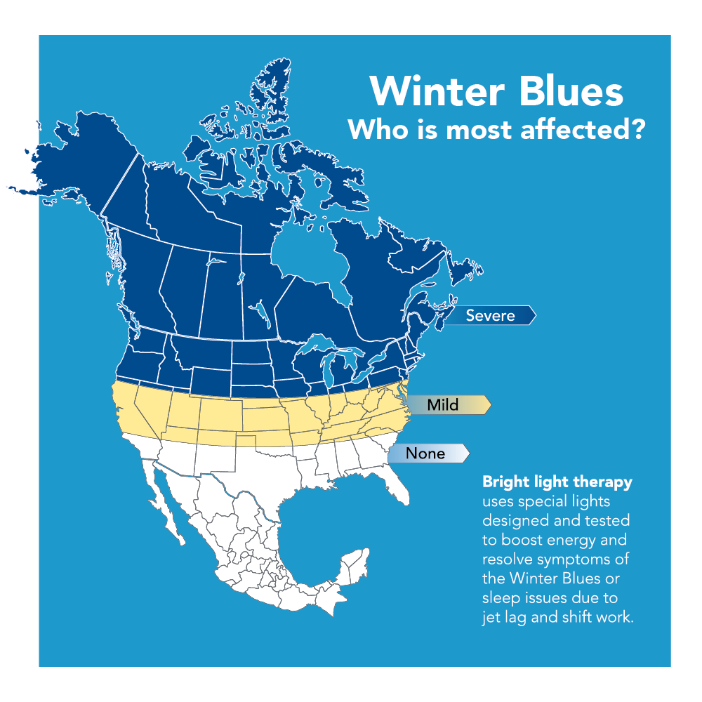 A US map with text, "Winter Blues: Who is Most Affected?"