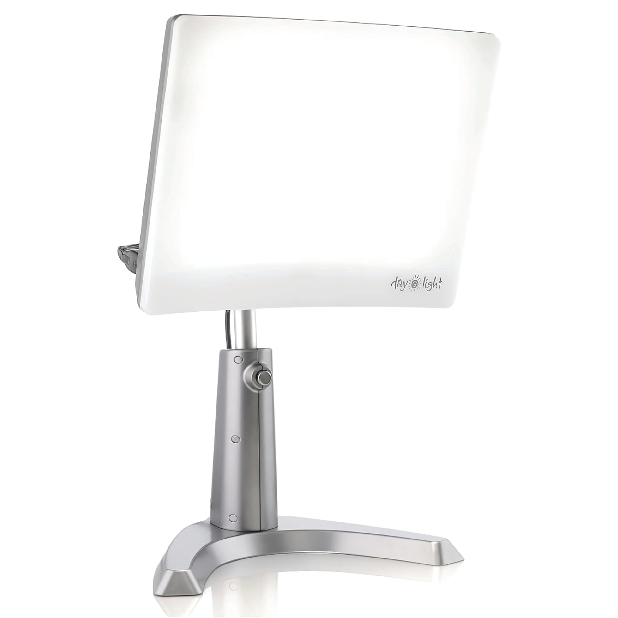 A silver and white therapy lamp on a white background