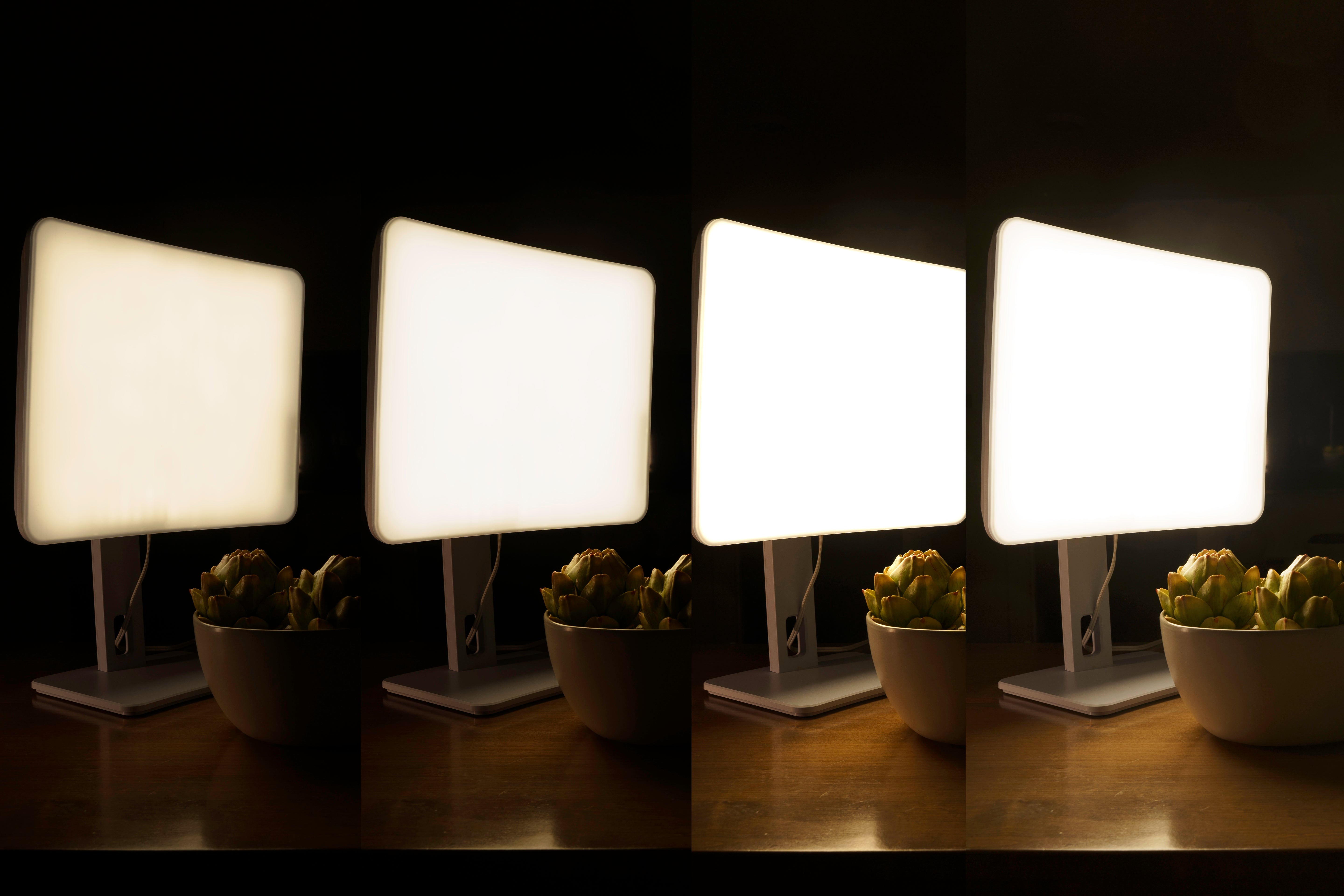 A collage of a therapy lamp with its four intensity settings